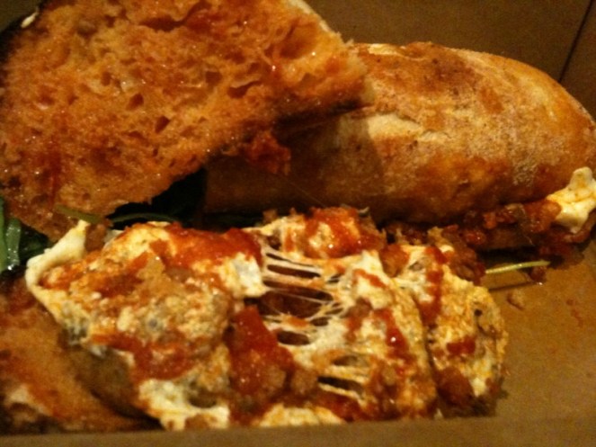 Spicy pork hero, from the Meatball Shop, Manhattan.