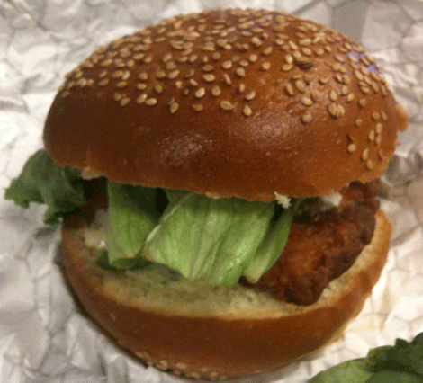 Here's what the fried chicken sandwich from Blue Smoke looks like.