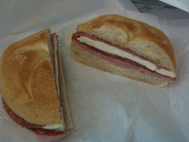 Ham cappy, salami and soppressata with fresh mozzarella on a roll, from Park Italian Gourmet in Midtown Manhattan.